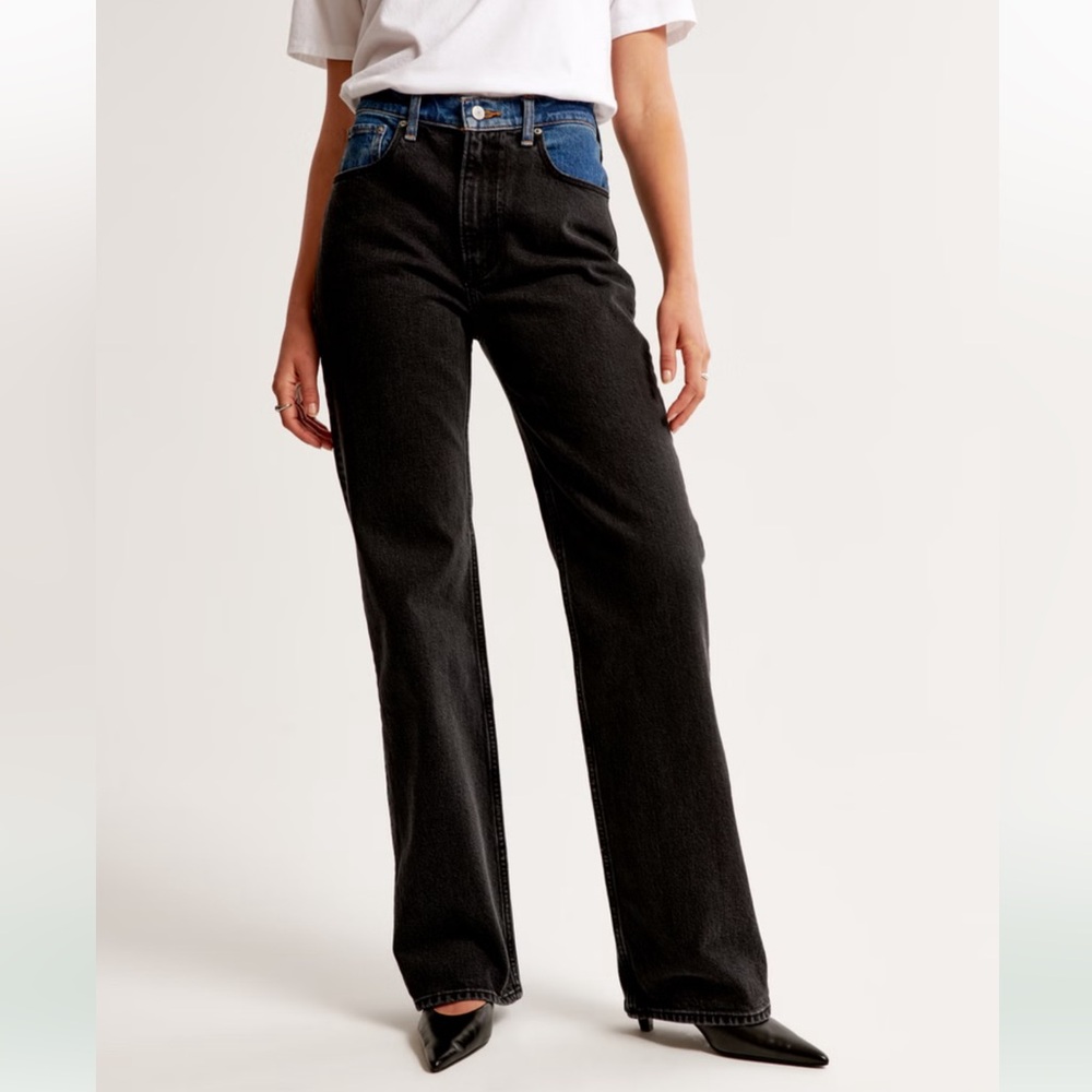 Abercrombie 90s High Rise Relaxed Jeans Two Tone Black Blue Denim 34 NWT